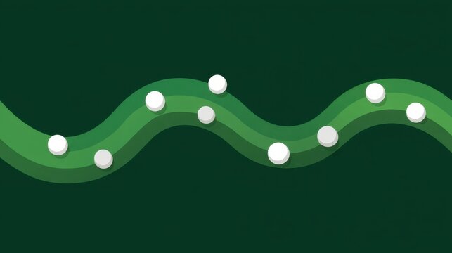 Abstract illustration of a wavy green line with white circles set against a dark green background, representing movement, flow, and rhythm in design