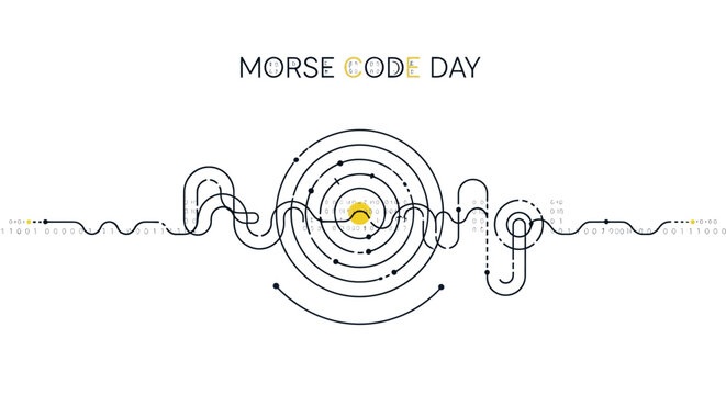 On Morse Code Day, a vector illustration depicts a dot dash signal forming the word 'August' against a white background, using a telegraph communication concept to showcase signal
