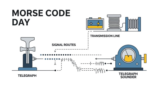 Detailed vector illustration celebrating Morse Code Day, featuring a vintage telegraph machine and a telegraph sounder connected by signal routes, set against a clean white background