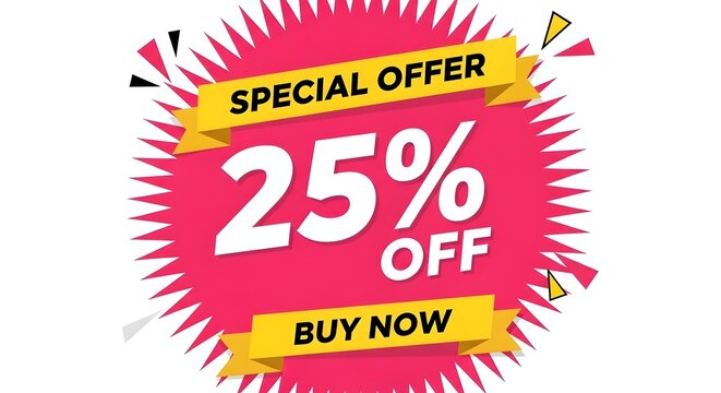Special Offer 25% Off Sale Badge
25 Percent Discount Promotional Label
Pink Special Offer Sale Sticker
Buy Now 25% Off Marketing Badge
Limited Time 25% Off Offer
Bright Pink Sale Discount Badge
25% Of