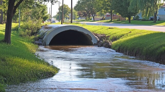 Suburban storm drain overflow, cloudy day, street, houses in background