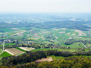 Fototapeta premium Panorama from Mount Kalnik or views from the lookouts in the protected landscape of Kalnik, Croatia (Panorama sa planine Kalnik ili pogledi sa vidikovaca u zaštićenom krajobrazu Kalnik, Hrvatska)