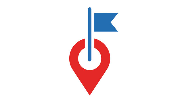 Red location pin with blue flag, navigation marker concept, isolated on white