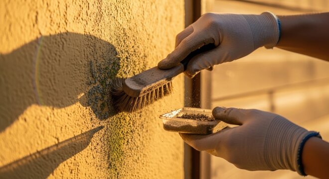 Gentle removal of organic growth from textured wall using brush and cleaning mixture
