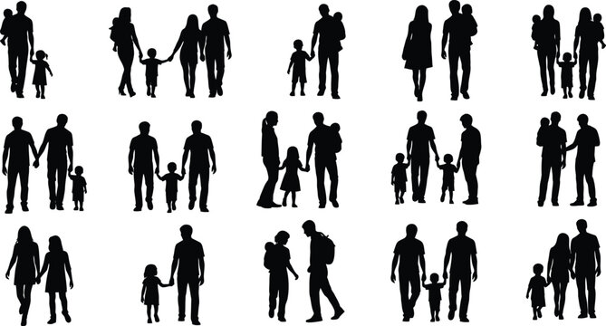 Family silhouettes diverse groups of people in black and white