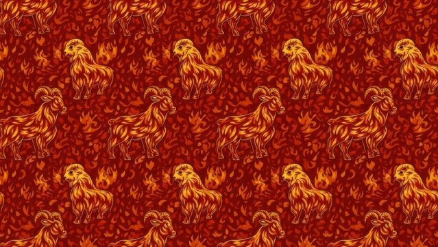 Seamless red pattern with Chinese zodiac goat motif for festive background