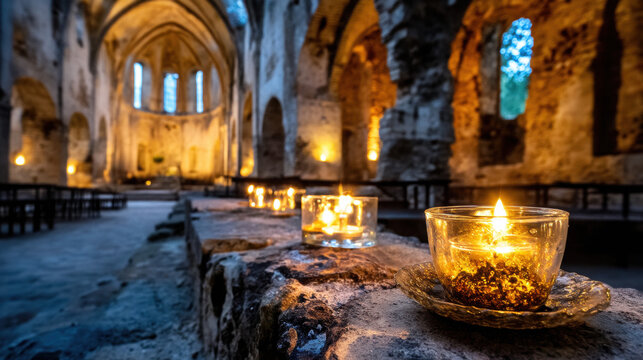 Ruined church candle soft glow quiet faith gothic interior, glass votive on stone altar inside abandoned cathedral nave, peaceful twilight
