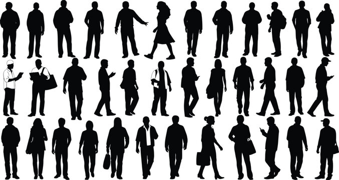 Crowd silhouette diverse group of people in black against white background