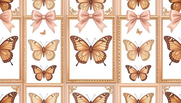 Rectangular frames holding brown butterflies and topped with bows, repeated