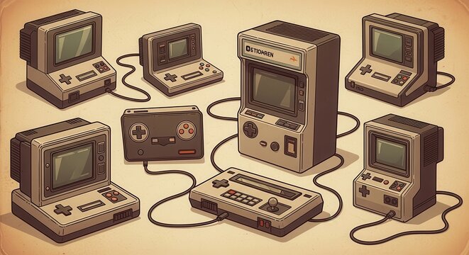 A collection of vintage inspired gaming consoles and controllers displayed in a retro artwork style