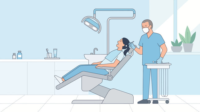 Dental clinic scene with patient in chair receiving care from dentist and assistant.
