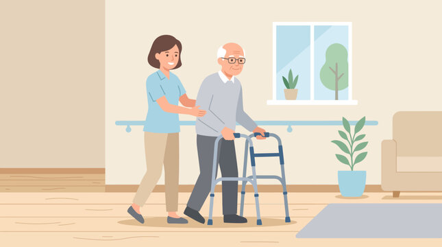 Compassionate caregiver assists elderly man with walker in a cozy living room setting.