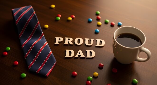 Proud dad concept with striped tie, coffee, and candy