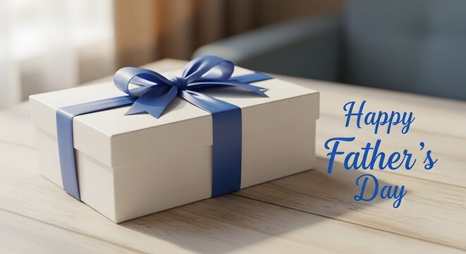Gift box with blue ribbon and Happy Father's Day text on wooden table