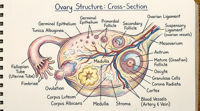 Artistic colored sketch of a human ovary cross-section anatomical diagram with detailed scientific labels and follicles