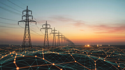Obraz premium High voltage electricity pylons at sunset with a digital network surface, representing energy infrastructure and power grid connections