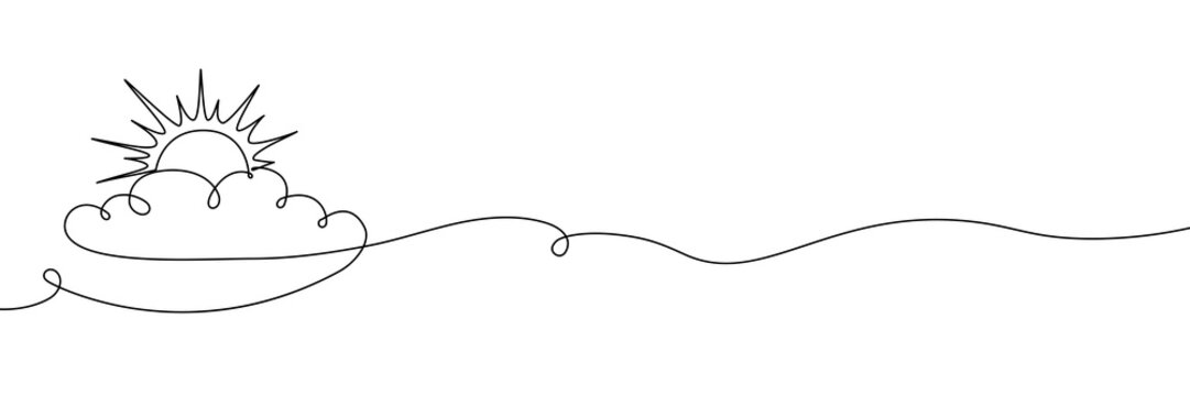 Continuous one line cloud sun art sky weather illustration outline. Sun cloud solar summer doodle graphic sketch energy linear stroke single vector icon sunny abstract park nature black ecosystem