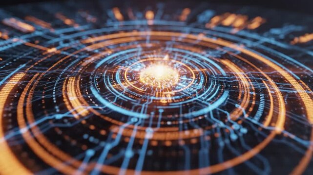 Abstract digital technology background featuring glowing circuit patterns and data network connections.