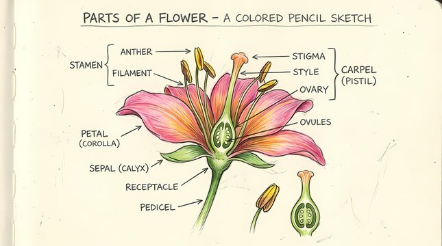 Botanical colored pencil sketch of flower anatomy structure showing biological parts including petals stamen and carpel for education