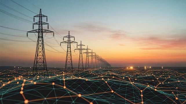 High voltage electricity pylons at sunset with a digital network surface, representing energy infrastructure and power grid connections