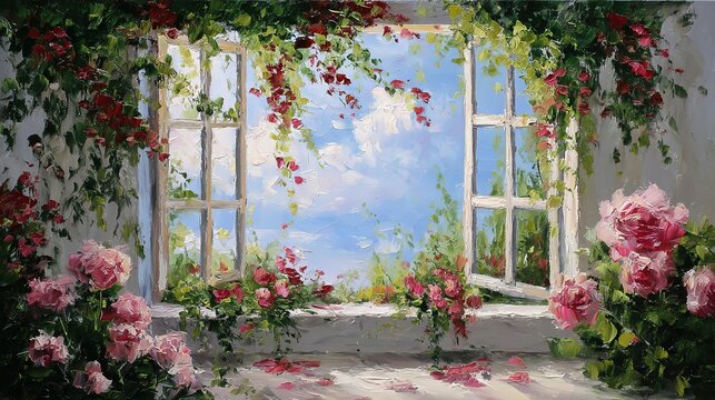 Open window oil painting with view of sky and clouds below window pink roses growing green plants on both sides red leaves hanging large rose