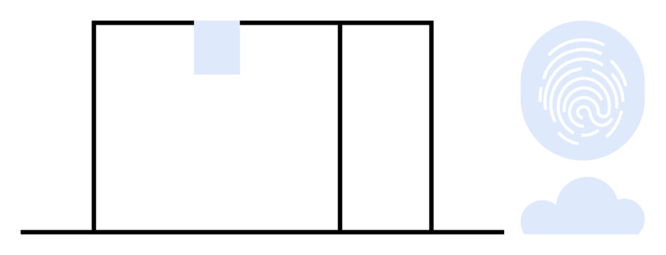 Digital identity, data protection, cloud storage, security systems, biometric verification, document management. Filing system with fingerprint and cloud icon. Digital identity and data protection