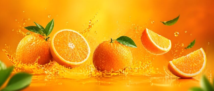 Buah jeruk segar dan potongannya jatuh ke dalam air jus dengan cipratan dinamis berlatar belakang oranye
