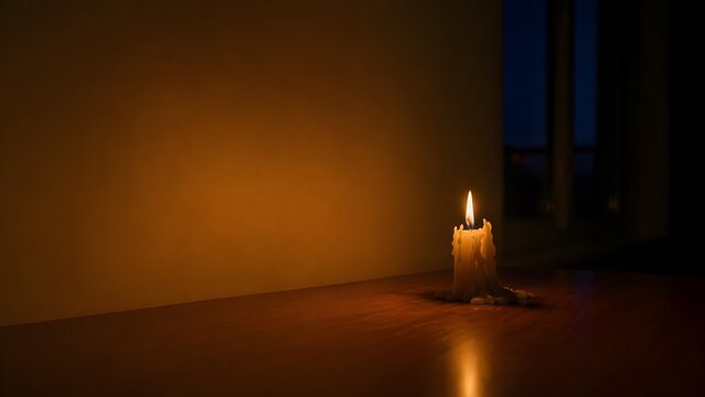 Satu lilin menyala meleleh di atas meja kayu dalam ruangan gelap dengan cahaya hangat
