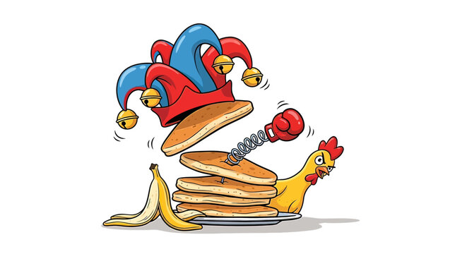Jester hat on stack pancakes breakfast.