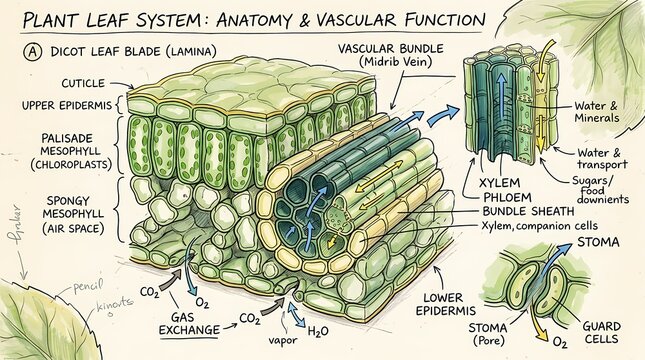 Detailed Botanical Illustration Unveiling the Anatomy and Vascular Function of a Dicot Leaf System