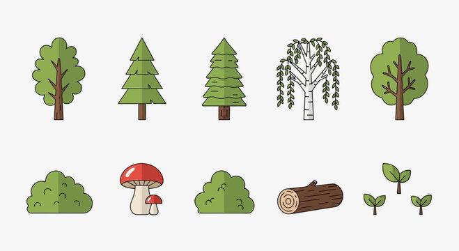 Vector Forest Elements: Trees, Bushes, Mushroom, Log, Seedlings