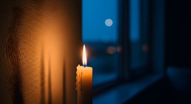 Lilin menyala dengan cahaya hangat di dekat jendela pada malam hari yang gelap