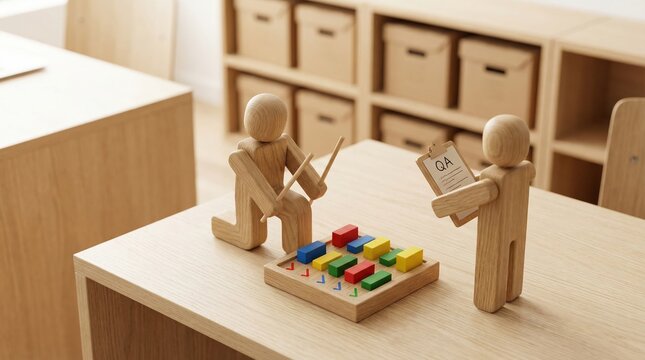 Wooden figures representing a quality assurance team conducting a software test or business audit in a minimal office setting.