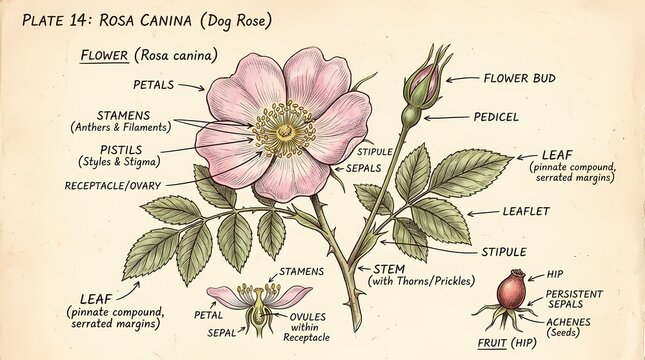 Detailed scientific illustration of a wild dog rose (Rosa canina), showcasing its intricate flower, leaf, and fruit anatomy for educational purposes