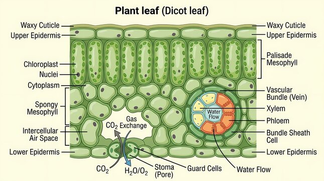 Detailed Biological Illustration of a Dicot Plant Leaf Cross Section Showing Internal Cellular Structure and Gas Exchange Process