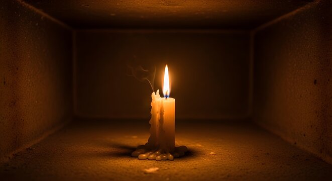 Sebatang lilin menyala dengan asap tipis di dalam lorong gelap berdinding beton bertekstur