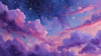 Fototapeta premium Oil painting of dreamy space purple blue sky dotted with stars pink clouds interweaving purple galaxy pink nebula warm atmosphere