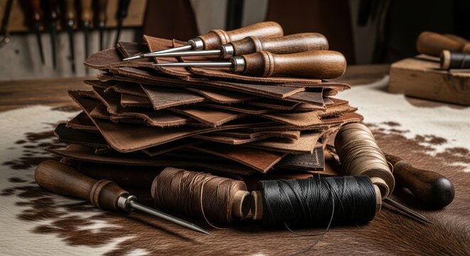 Stack of weathered leather scraps with sewing tools and wax for traditional handmade craft projects