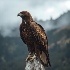 Obraz premium Majestic Eagle in the Wild: A golden eagle, with its sharp gaze and powerful build, perches atop a weathered tree stump against a backdrop of mist-shrouded mountains, symbolizing strength and freedom.