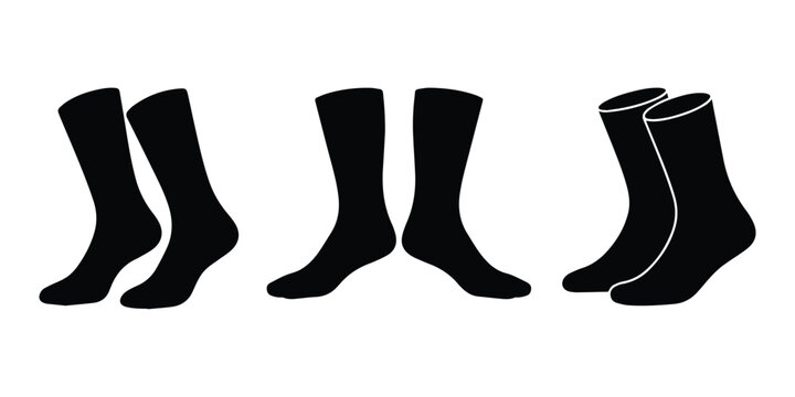 Minimalist black pair of crew length socks standing upright apparel silhouette vector icon