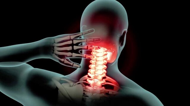 Visualizing neck pain and spinal arthritis impacting bones and joints via 3D health animation. This 3d video offers cosmetic detail for medical education