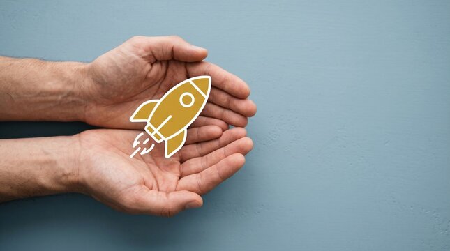 Hands Holding Paper Rocket Symbolizing Innovation and Future Growth on Blue Background