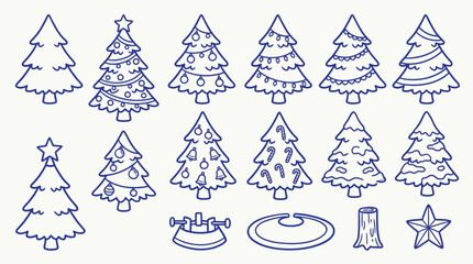 A collection of hand-drawn Christmas trees with various decorations, including ornaments, lights, candy canes, and stars, along with tree stands and a tree stump. © zainab