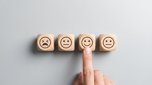 Hand Holding Wooden Emotion Blocks Showing Different Facial Expressions on Neutral Background
