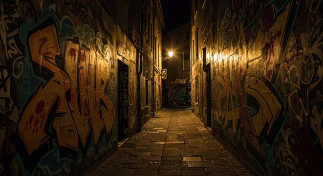 Narrow alleyway with vibrant street art.