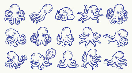 A charming collection of 15 hand-drawn illustrations of octopuses in various playful poses and styles, rendered in a delightful blue ink sketch. © zainab