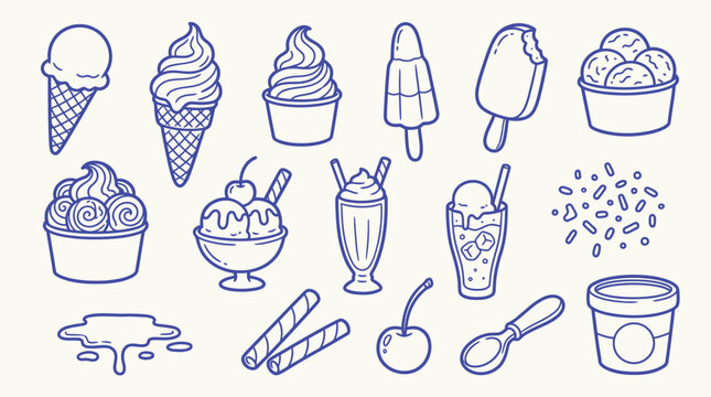 A delightful collection of hand-drawn ice cream illustrations, featuring cones, cups, popsicles, sundaes, and toppings, perfect for summer treats and dessert themes.