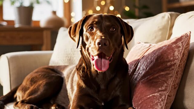 A chocolate Labrador Retriever sitting on a beige sofa in a cozy living room with its tongue out, panting and looking sideways. Warm golden lighting and decorative velvet pillows.