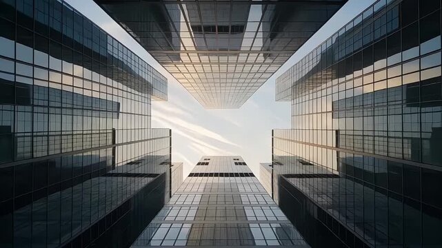 Futuristic Glass Skyscrapers Looking Up in Financial District with Blue Sky Corporate Growth Concept Cinematic View