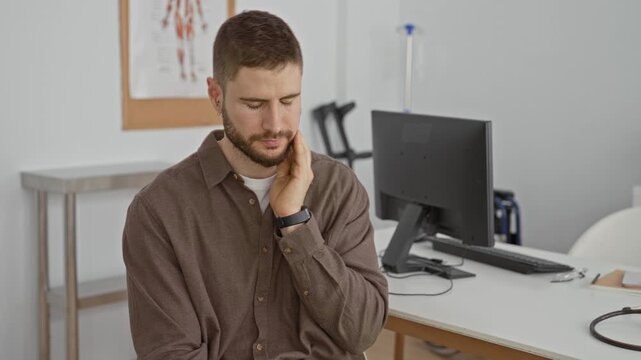 Man touching jaw with hand while seated near stethoscope and computer on clinical desk in medical office building; pain concern.